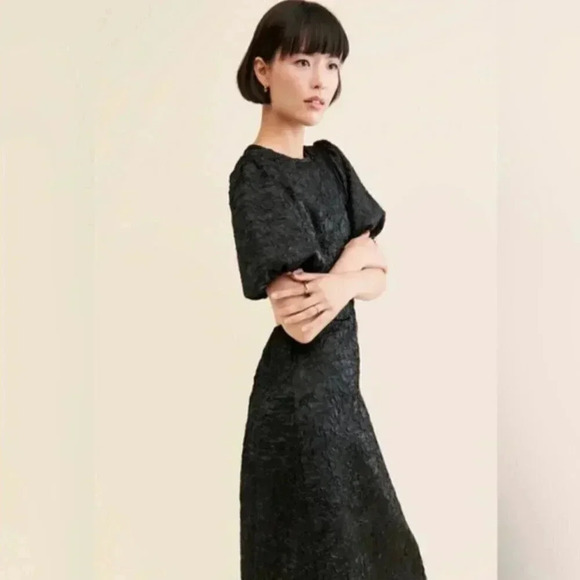 NWT Lisa Says Gah Gwen Black Crinkle Puff Sleeve Open Back Midi Dress Size 3X - Picture 5 of 14